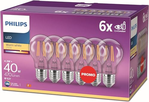 Philips LED Classic E27 Filament-Lampe im Sechserpack, warmweiß