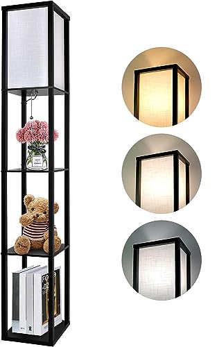 Aimosen Stehlampe mit Holz-Ablage und Stoffschirm in Schwarz fürs Wohnzimmer