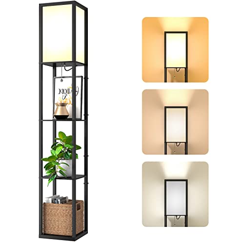 Omdekor Stehlampe mit drei Holzregalen und Stoff-Lampenschirm in Schwarz