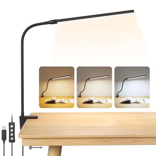 Lepro LED-Schreibtischlampe zum Klemmen mit Schwenkarm in Schwarz am Schreibtisch