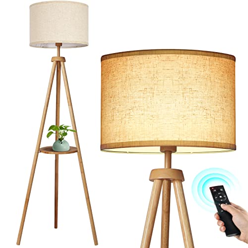 OUTON Dreibein-Stehlampe aus Holz mit beigem Lampenschirm und Ablage im Gestell