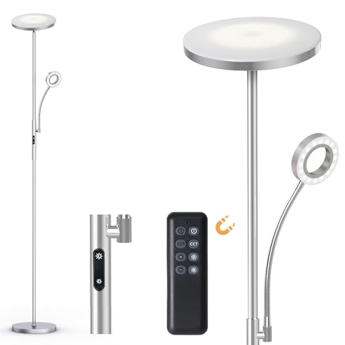 Modlicht LED-Deckenfluter in Silber mit schwenkbarer Leselampe für das Wohnzimmer