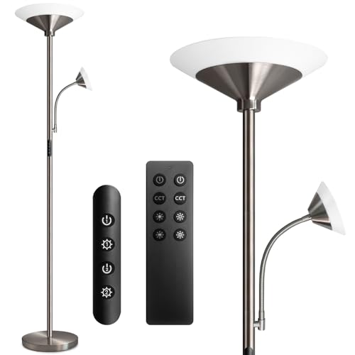 BBHome LED-Deckenfluter mit 27 Watt Hauptlicht und 6 Watt Leselampe in Silber