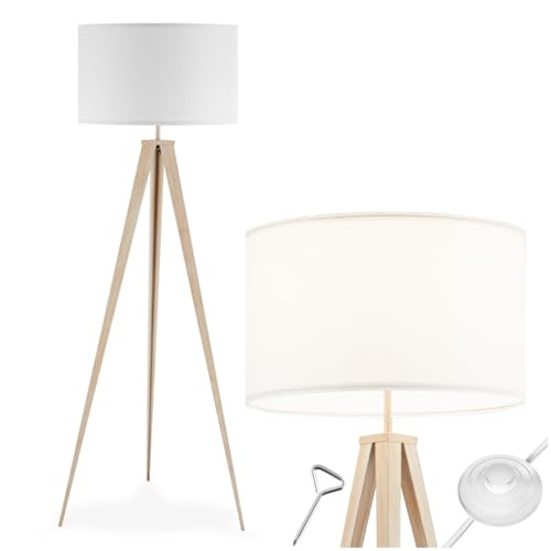 tectake Dreibein-Stehlampe im Retro-Boho-Stil mit Leinenschirm und Eiche-Optik