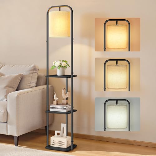 VASAGLE Stehlampe mit drei Holzregalen und Stoffschirm in Tintenschwarz