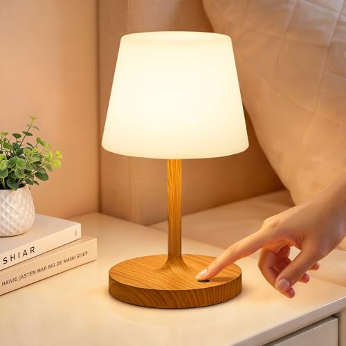 PreeOtti kabellose Nachttischlampe mit Akku, Touch-Bedienung und Holzmaserung