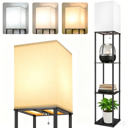 Aimosen Stehlampe mit Regal aus Holz und Metall mit dreistufiger Ablage und Stoffschirm