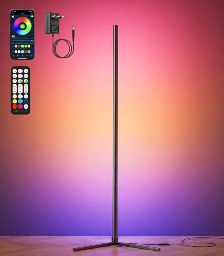 riyo RGBIC LED-Ecklampe in Schwarz, schlanke 146 cm hohe Lichtsäule für die Wohnzimmerecke